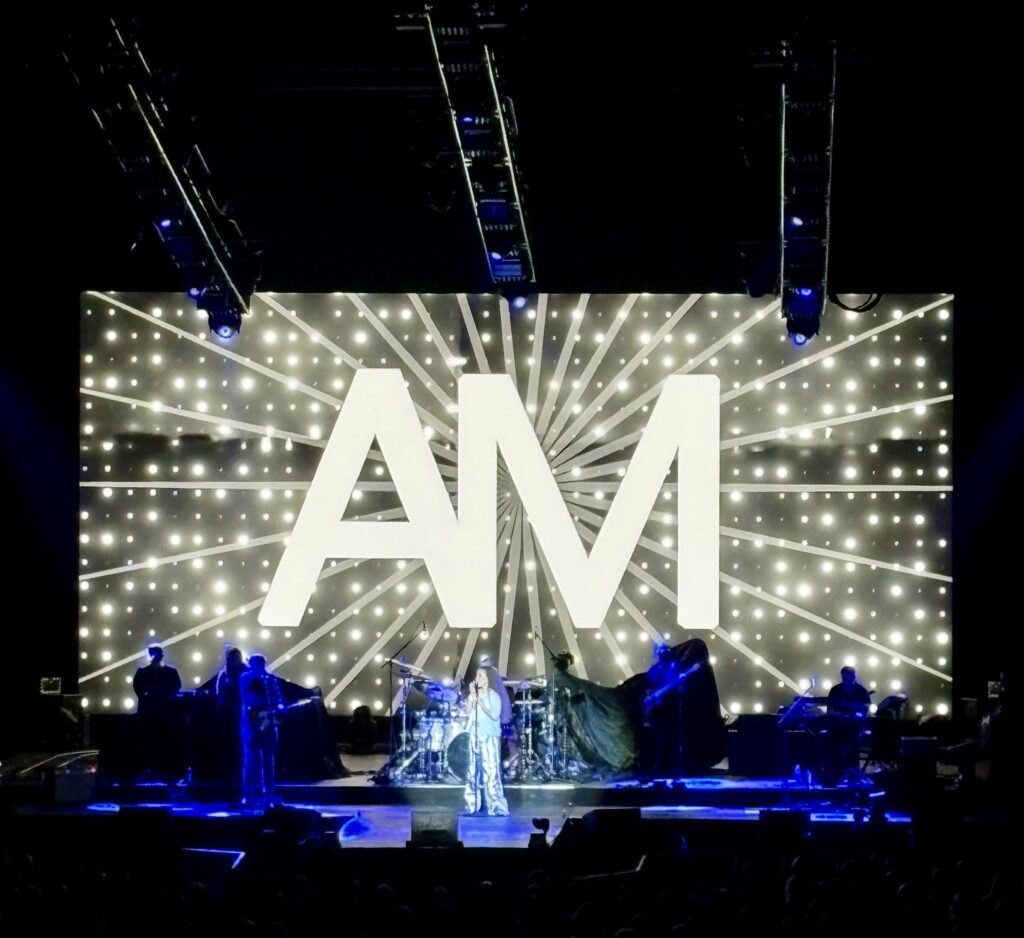 Amanda Marshall performing live on stage, spotlight glowing as audience sings along to “I Believe in You.”